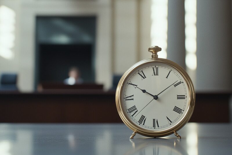 analog clock time piece in foreground of a courtroom
